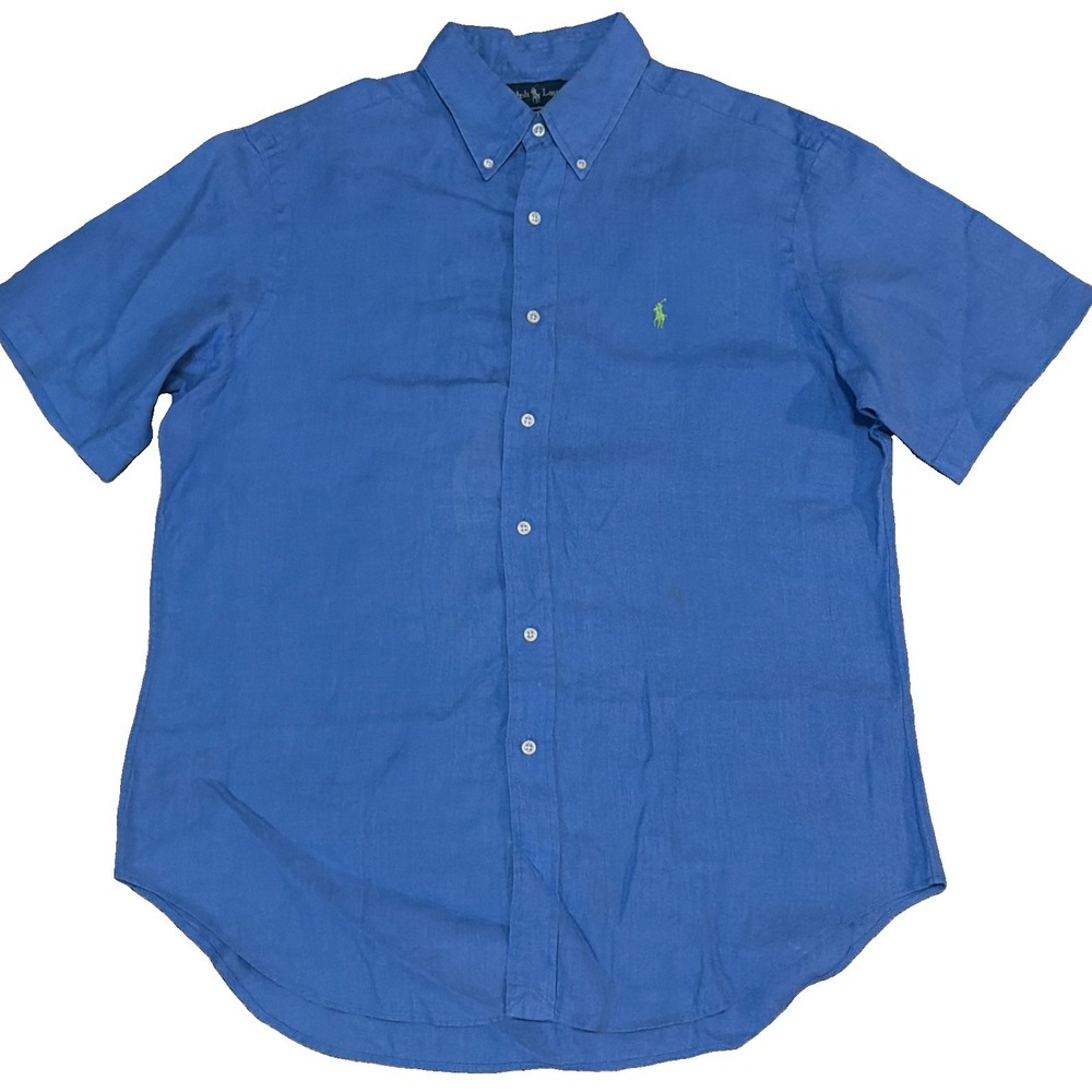 Ralph Lauren Men's Large Blue Classic Fit 100% Linen Shirt Sleeve Shirt